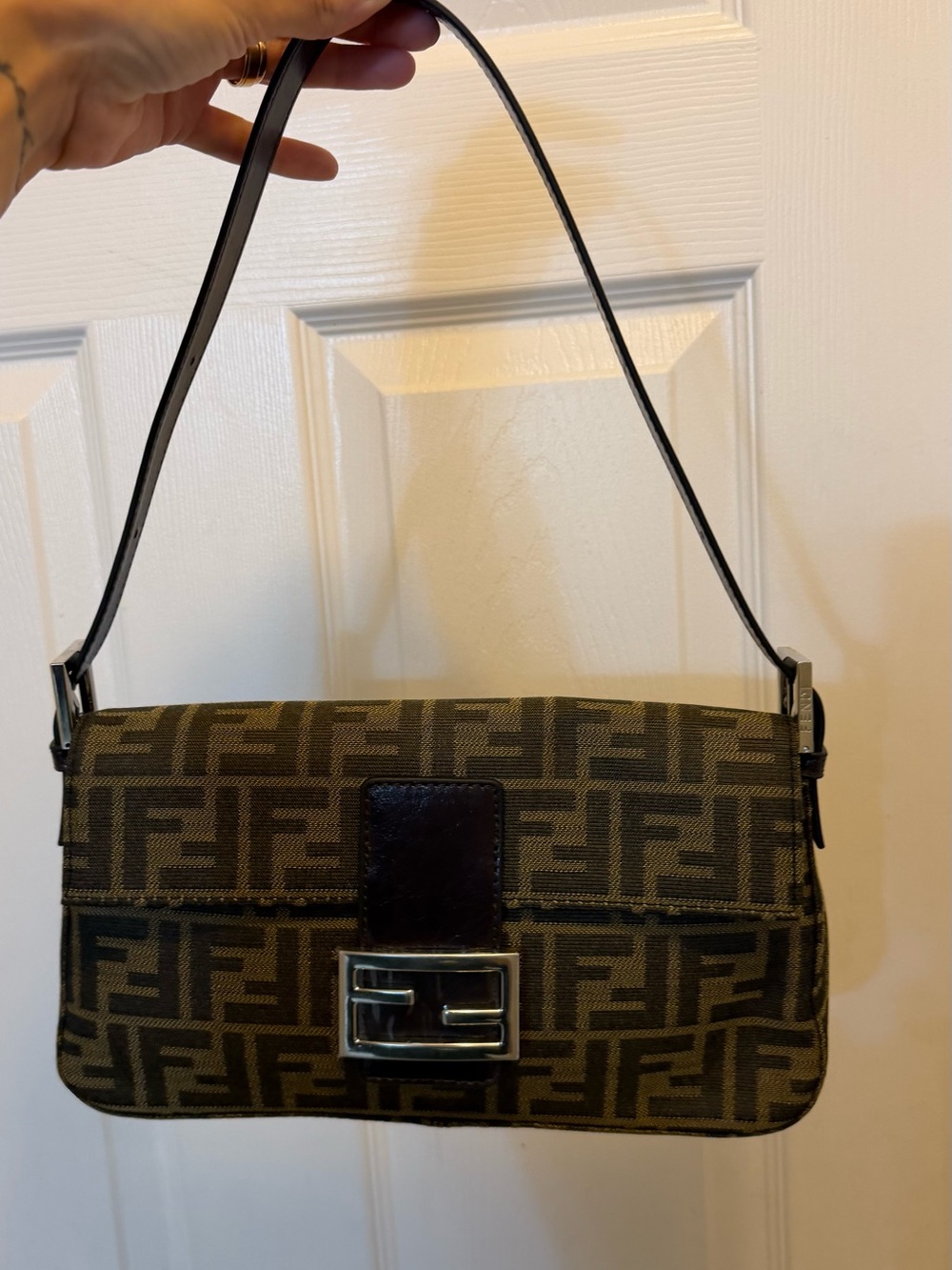Brown/Black Canvas Baguette Shoulder Bag